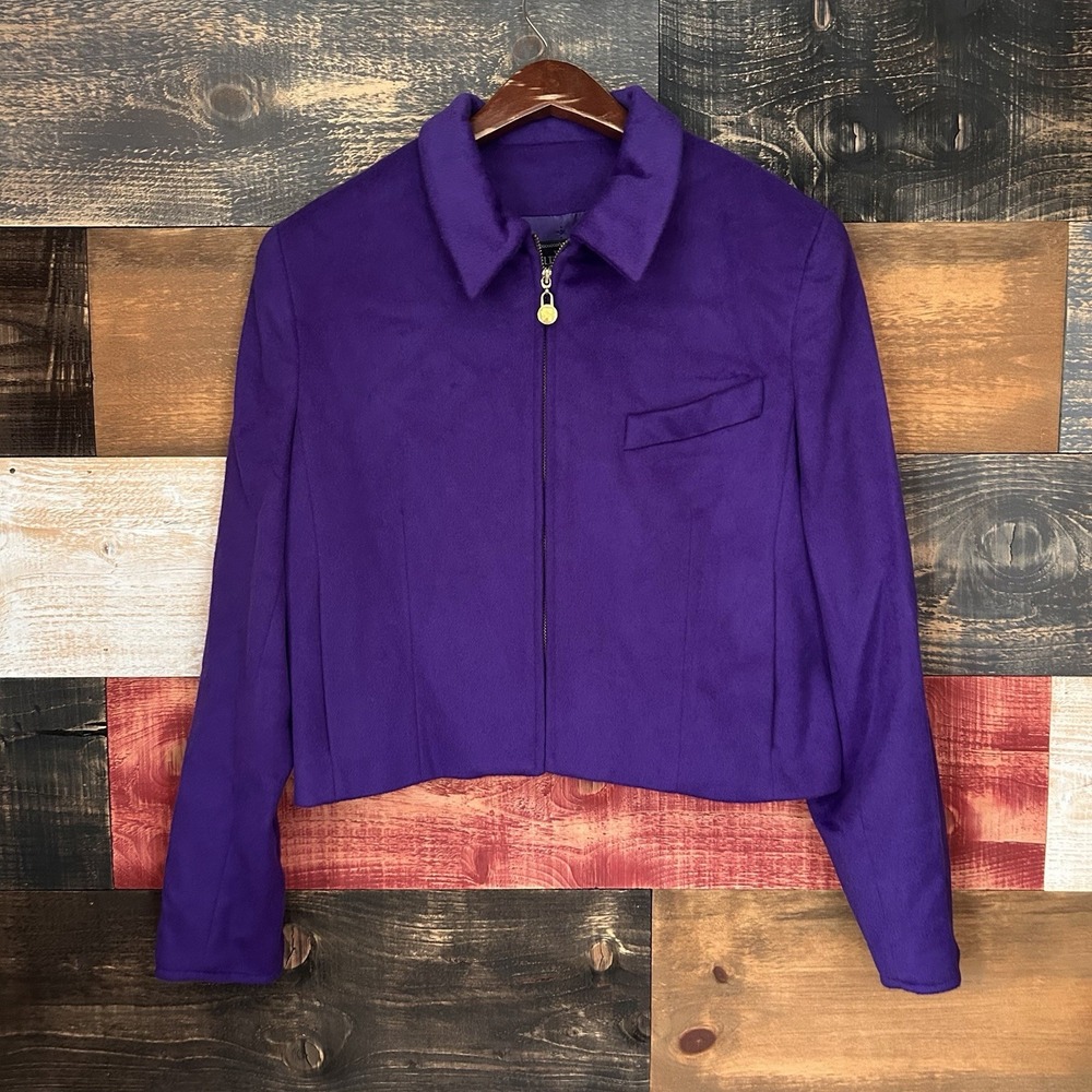 Vintage Burberry Burberrys Cropped Angora Rabbit Jacket Deep Purple Sz 12